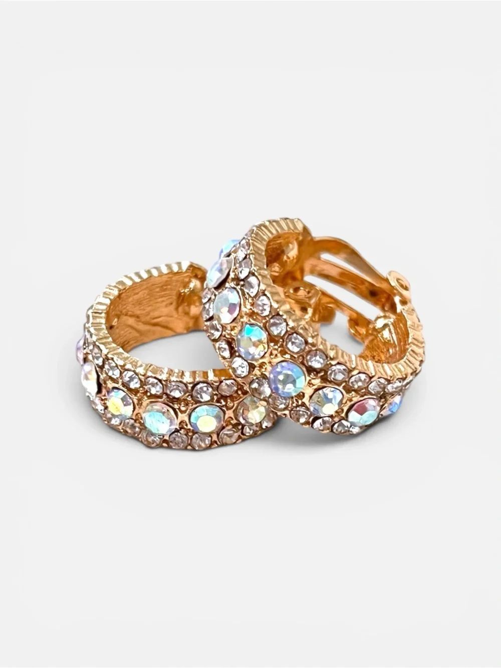 Gold Crystal Iridescent Rhinestone Clip On Hoop Earrings